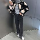 Color-block Cardigan / High-waist Straight Fit Jeans