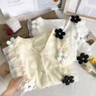 Mesh Ruffle-trim Flower-accent V-neck Shirt