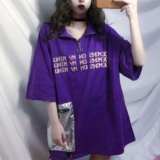 Elbow-sleeve Front-zip Lettering T-shirt