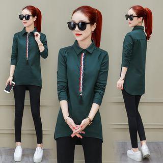 Long-sleeve Contrast Placket Blouse