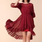 Set: Elbow-sleeve A-line Chiffon Dress + Strappy Dress