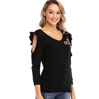 Ruffle Cutout Long-sleeve Knit Top