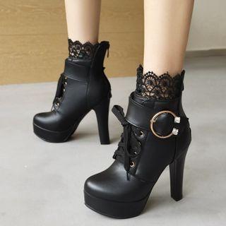 Lace Trim Lace-up High Heel Short Boots