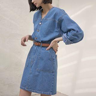V-neck Pleated Denim Dress