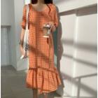 Plaid Button Side V-neck Midi Dress Tangerine Orange - One Size