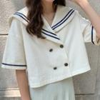 Sailor Collar Open-placket Button Top / High Waist Pleated Skirt