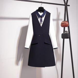 Contrast Trim Tie-neck Blouse / A-line Pinafore Dress / Set