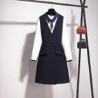 Contrast Trim Tie-neck Blouse / A-line Pinafore Dress / Set