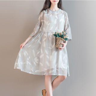 Set: Printed 3/4 Sleeve A-line Dress + Slipdress