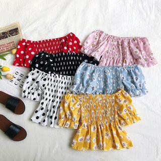 Off-shoulder Ruffle Trim Floral Dotted Top