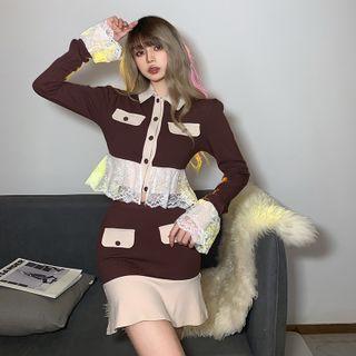 Set: Lace Trim Crop Shirt + Mini Pencil Skirt