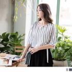 Fold-up Sleeve Striped Panel Top