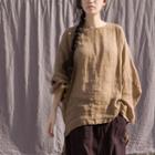 Long-sleeve Linen Blouse Khaki - One Size
