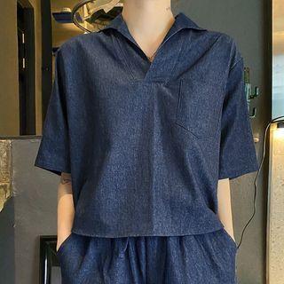 Open-placket Denim T-shirt