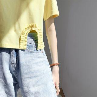 Crewneck Plain Ruffle Split Cropped Top