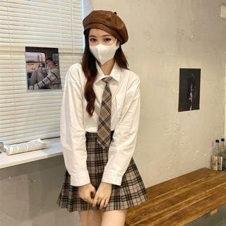 Set: Plain Lapel Long-sleeve Shirt + Necktie