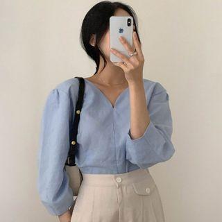 Puff-sleeve Shirt Blue - One Size