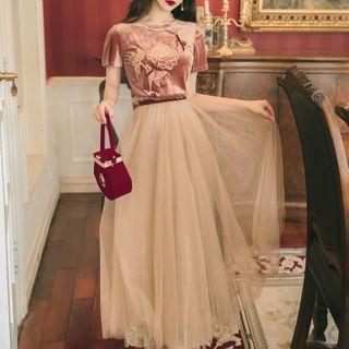 Set: Velvet Short-sleeve T-shirt + Midi A-line Skirt