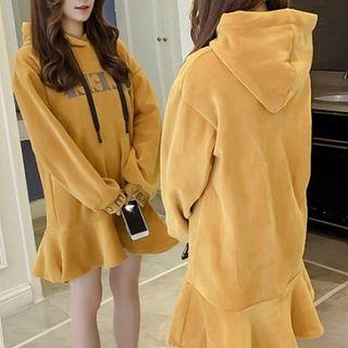 Lettering Ruffle Trim Mini Velvet Hoodie Dress