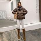 Funnel-neck Faux-leather Padded Jacket