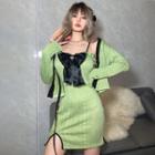 Set: Spaghetti Strap Bow Accent Cable Knit Mini Sheath Dress + Cropped Cardigan