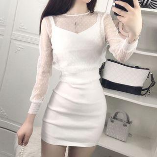 Set: Strappy Mini Sheath Dress + Long-sleeve Sheer Top