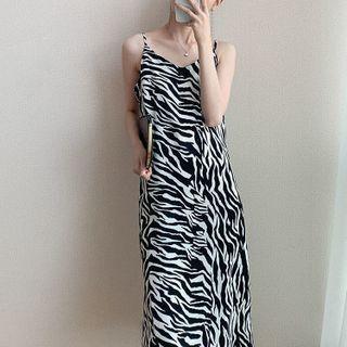 Spaghetti Strap Zebra Print Midi Shift Dress