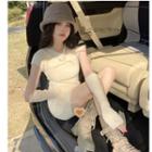 Set: Short-sleeve Knit Mini Sheath Dress + Arm Sleeves Cream Almond - One Size