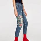Slim-fit Embroidery Distressed Jeans