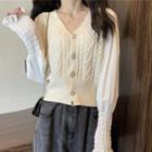 Long-sleeve Ruffle Trim V-neck Slim Fit Cable Knit Top