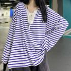 Long-sleeve Lace-up Striped T-shirt