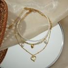 Heart Faux Pearl Pendant Layered Alloy Choker 1pc - Gold - One Size