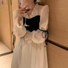 V-neck Ruffle Trim Panel Velvet Sheer Dress White - One Size