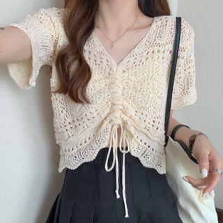 Short-sleeve V-neck Plain Cutout Drawstring Cropped Knit Top