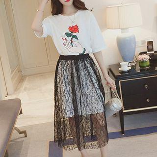 Short-sleeve Rose Print T-shirt Dress / Midi Lace Skirt / Set