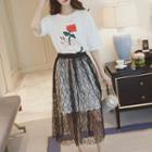Short-sleeve Rose Print T-shirt Dress / Midi Lace Skirt / Set