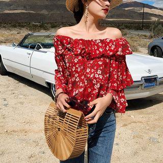 Floral Print Off Shoulder 3/4 Sleeve Chiffon Blouse