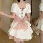 Puff-sleeve Color-block Bow Mini Dress