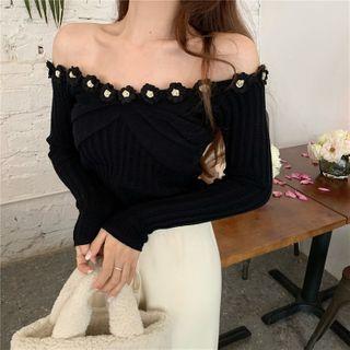 Off-shoulder Floral Knit Top