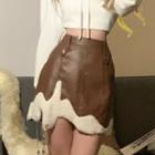 Faux Leather Fleece Trim Chained Mini Pencil Skirt