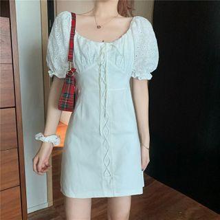 Puff-sleeve Tie Neck Perforated Dress