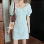 Puff-sleeve Tie Neck Perforated Dress