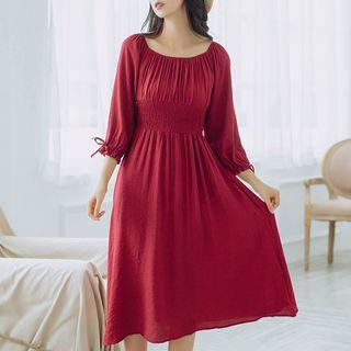 3/4-sleeve Smocked Midi A-line Dress