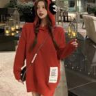 Lettering Patch Knit Hoodie Red - One Size