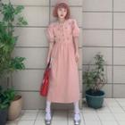 Puff-sleeve Lace Up Panel Floral Dress Pink - One Size