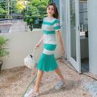 Set: Striped Short-sleeve Knit Top + Pencil Skirt Mint Green - One Size