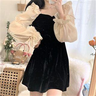 Puff-sleeve Velvet Two-tone Dress