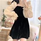 Puff-sleeve Velvet Two-tone Dress