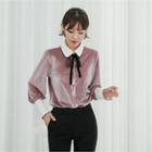 Contrast-collar Fuax-pearl Trim Velvet Blouse