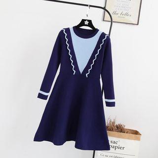 Color Block Knitted Long-sleeve A-line Dress